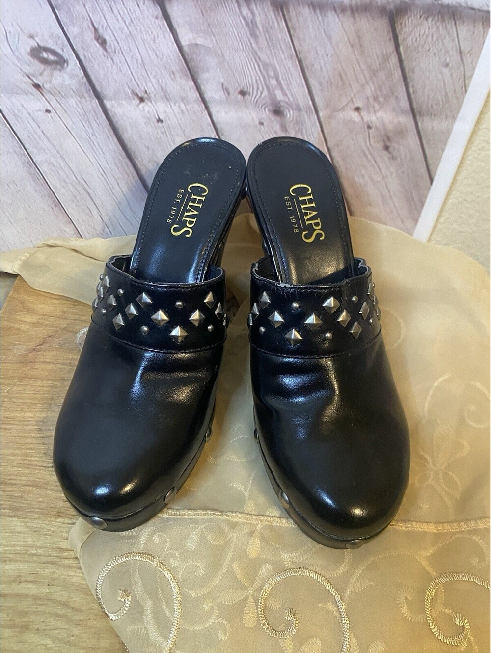 Chaps Womens 8B Black Susanah Clogs Heels Slip-On Silver Studded EUC